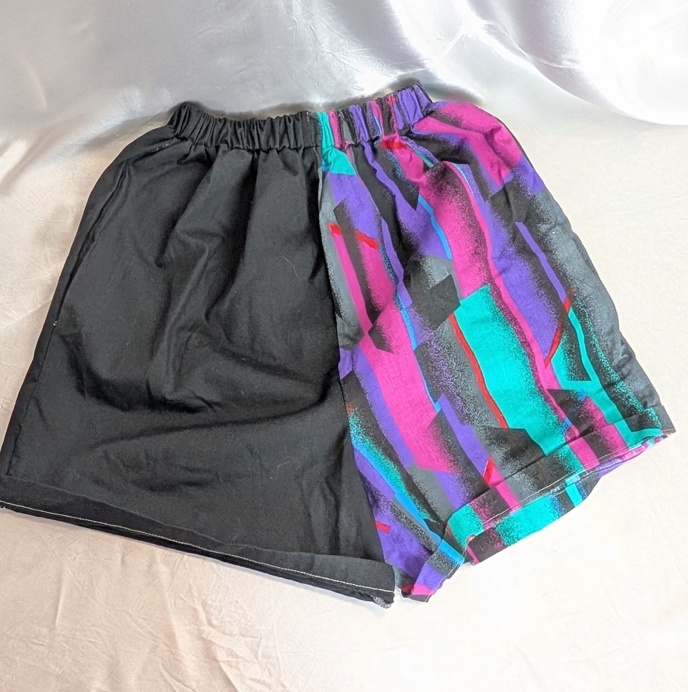 Handmade Taco Bell 90s Bright Turquoise Purple Patchwork Elastic Waist Shorts